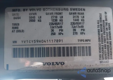 2004 Volvo Xc90 2.5T z USA, uszkodzony, nr VIN YV1CY59H041117891